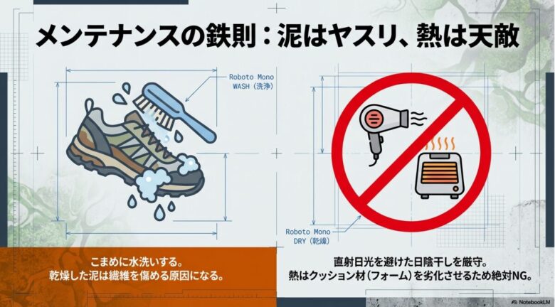 泥による繊維の損傷を防ぐためのこまめな水洗いと、クッション材の劣化を防ぐために直射日光や熱（ドライヤーなど）を避けた日陰干しを厳守することを伝えるイラスト。