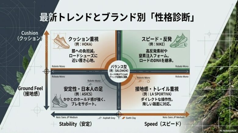 クッション重視のHOKA、スピード・反発重視のNIKE、バランス型のSALOMON、安定性重視のASICS、接地感重視のLA SPORTIVAなど、ブランドごとの特性をマッピングした最新トレンド図。