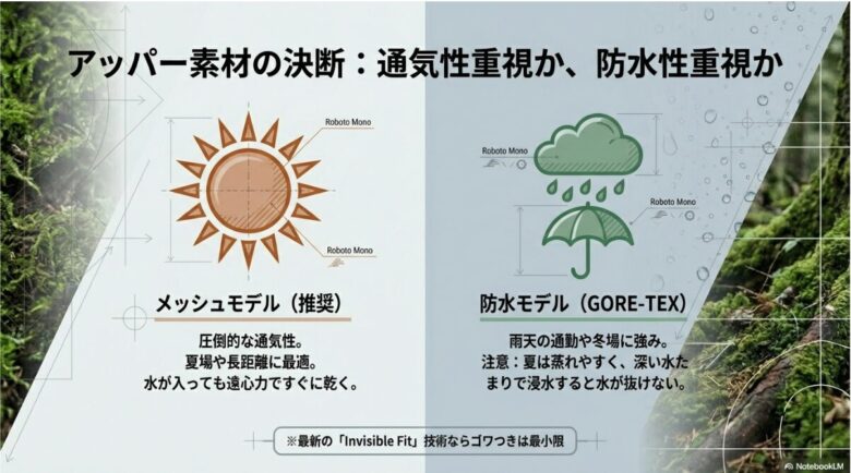 通気性に優れ夏場や長距離に適したメッシュモデルと、雨天や冬場に強いが蒸れやすい防水モデル（GORE-TEX）の特徴を比較した図解
