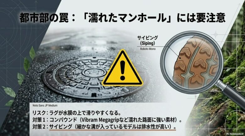濡れたマンホールなどでのスリップリスクに対し、Vibram Megagripなどのコンパウンド採用や、排水性を高める細かな溝「サイピング」が有効であることを解説するスライド