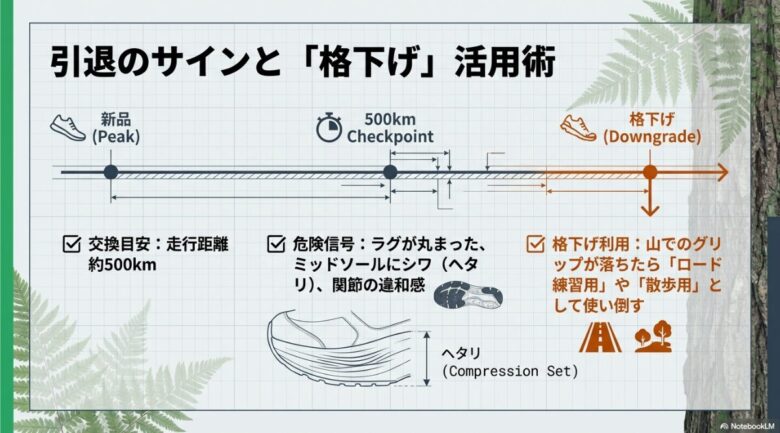 新品から500kmのチェックポイントを経て、山でのグリップが落ちた後はロード練習用や散歩用として「格下げ利用」することを推奨するタイムライン図