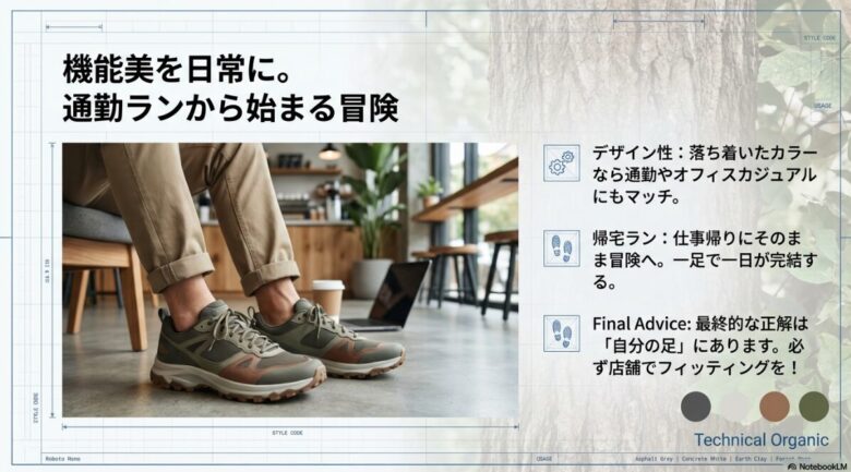 カフェのような場所で、カジュアルな服装にマッチする落ち着いたカラーのトレランシューズを履いた人の足元。通勤ランからそのまま冒険へ繋がるスタイルを表現。