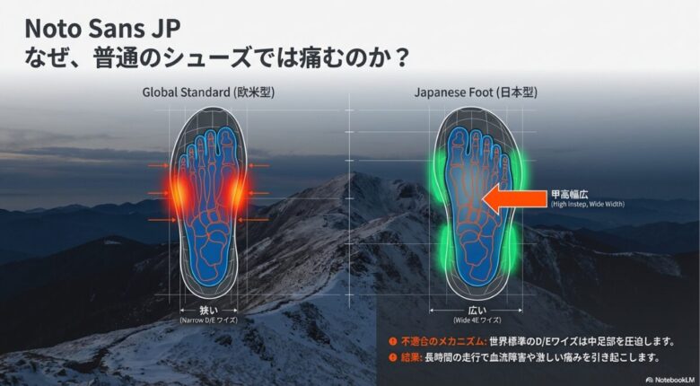 欧米型(D/Eワイズ)と日本型(4Eワイズ・甲高幅広)の足型比較。世界標準のワイズが中足部を圧迫し痛みを引き起こすメカニズムの図解