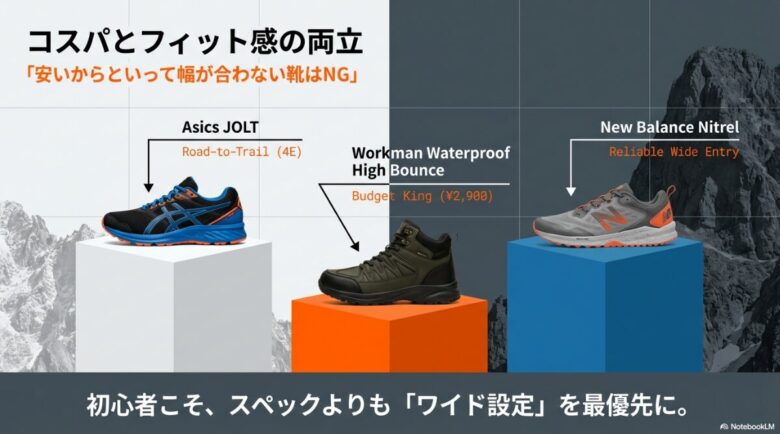 アシックスJOLT、ワークマン防水ハイバウンス、ニューバランスNitrelの紹介。スペックよりもワイド設定を最優先すべきという初心者向けのアドバイス