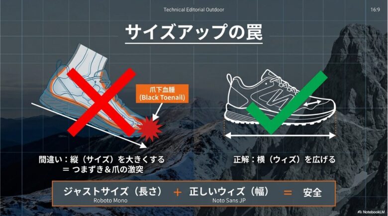 縦のサイズを大きくすると「つまずき」や「爪の激突」を招く警告図。長さはジャスト、幅を広げるのが安全な選び方であることの図解