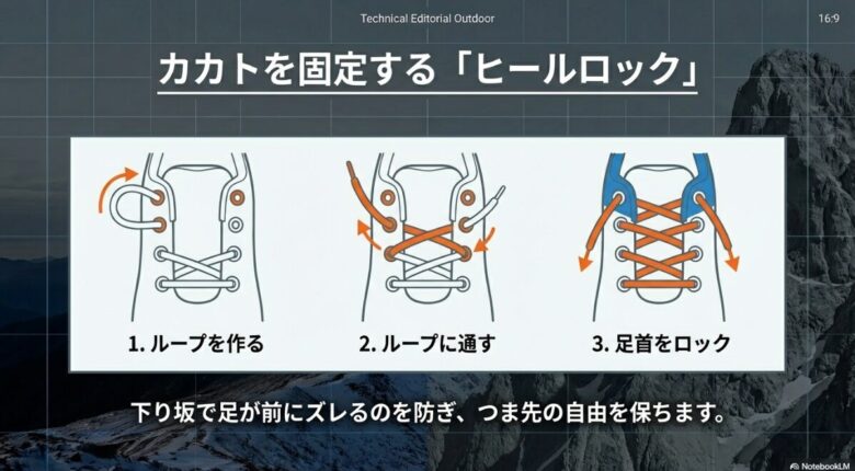 3ステップで解説するヒールロックの結び方。ループを作り、紐を通し、足首をロックしてつま先の自由を保つ方法