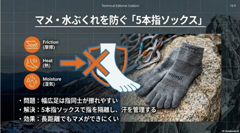 インジンジ(injinji)の5本指ソックスによる摩擦・湿気・熱の管理。指を隔離することで長距離走行時の肌トラブルを防ぐメカニズム