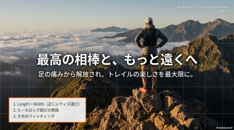 正しいウィズ選び、ヒールロックの実践、夕方のフィッティングという3大ポイントをまとめた最終スライド