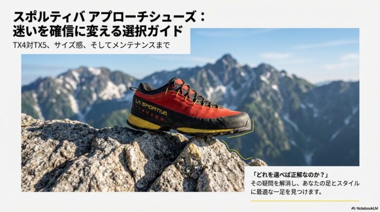 スポルティバのアプローチシューズが岩場に置かれている写真と、TX4・TX5・サイズ感・メンテナンスについてのガイドというタイトルテキスト