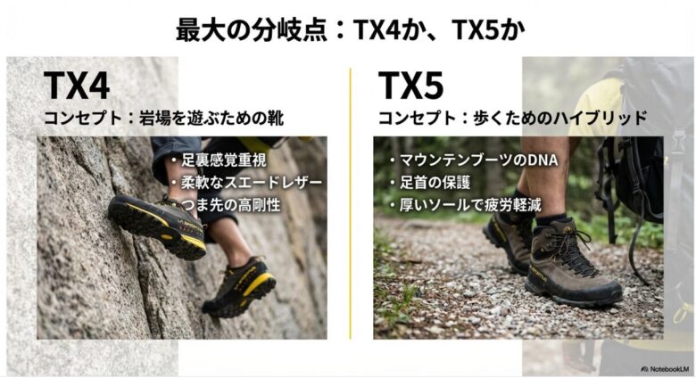 TX4は「岩場を遊ぶための靴」として足裏感覚重視・スエードレザー・つま先の高剛性を挙げ、TX5は「歩くためのハイブリッド」としてマウンテンブーツのDNA・足首保護・厚いソールを挙げて比較している図解