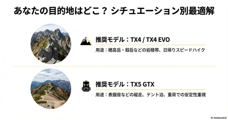 険しい岩稜帯の写真にはTX4を推奨し、なだらかな稜線の写真にはTX5 GTXを推奨している、目的地別の最適解スライド。