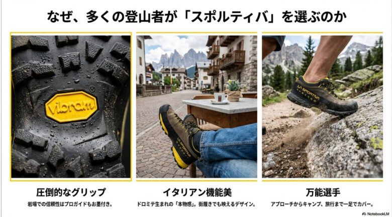 ビブラムソールのアップ写真、イタリアの街角でコーヒーを飲みながらスポルティバを履いてリラックスしている様子、岩場を歩くシューズのコラージュ画像