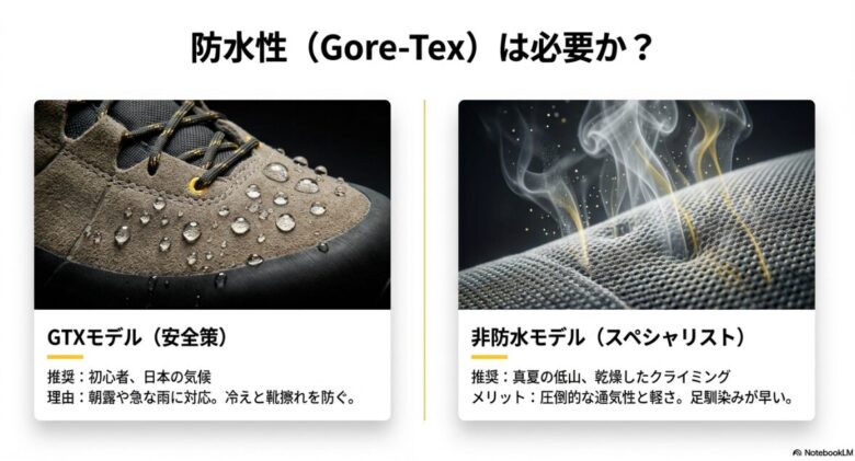 水滴を弾くシューズの表面写真と、湿気が抜けていくイメージ図。初心者や日本にはGTXモデルを、真夏の低山には非防水モデルを推奨している解説