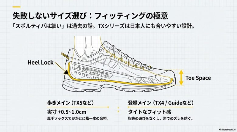 シューズの内部構造図。かかとのホールド(Heel Lock)とつま先の遊び(Toe Space)の重要性を示し、歩きメインは実寸+0.5〜1.0cm、登攀メインはタイトフィットを推奨する図解
