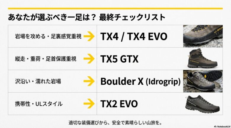 岩場・縦走・沢沿い・ULスタイルの4つの目的別に、TX4・TX5・Boulder X・TX2をそれぞれ選ぶべき一足としてまとめた最終確認リスト
