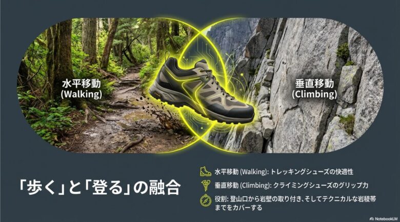 アプローチシューズが水平移動(歩行)と垂直移動(登攀)を繋ぎ、登山口からテクニカルな岩稜帯までカバーする役割を説明するスライド