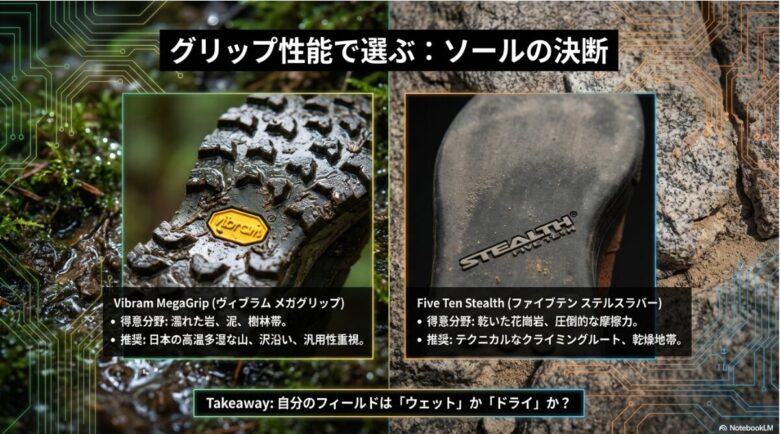 濡れた岩に強いVibram MegaGripと、乾いた花崗岩に強いFive Ten Stealthの特徴と推奨フィールドを比較するスライド