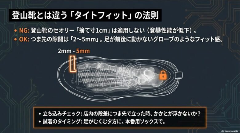 捨て寸を1cm取らず、つま先の隙間を2〜5mmにするタイトフィットの重要性と試着のポイントを説明するスライド