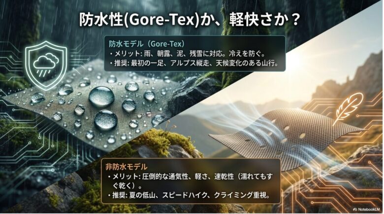 雨や泥に対応する防水モデルと、通気性・軽さに優れる非防水モデルのメリットと推奨シーンをまとめたスライド
