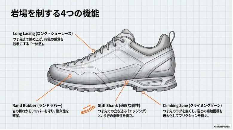 ロングシューレース、ランドラバー、適度な剛性、クライミングゾーンという岩場を制するための4つの機能を解説したスライド