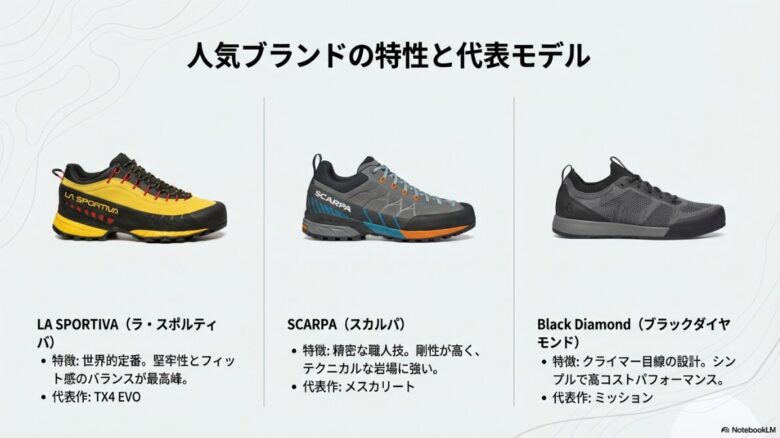 スポルティバ、スカルパ、ブラックダイヤモンドの各ブランドの特徴と、TX4 EVOやメスカリートなどの代表モデルを紹介するスライド