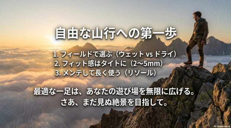 フィールド選択、タイトなフィット感、メンテナンスの3点について、最適な1足を選ぶための要点をまとめたスライド