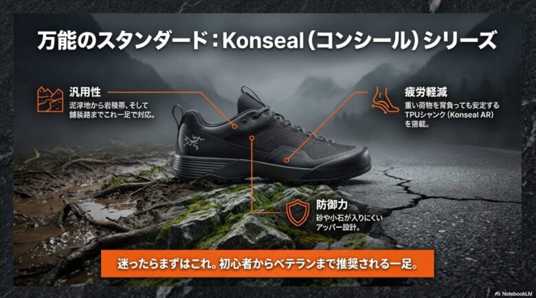 Konsealシリーズの汎用性、防御力、TPUシャンクによる疲労軽減について解説したスライド。
