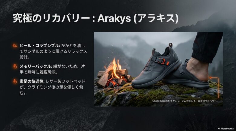 かかとを潰して履けるアラキスの画像。メモリーバックルやレザーフットベッドによる快適性と、キャンプ・ジムでの使用シーンを提案
