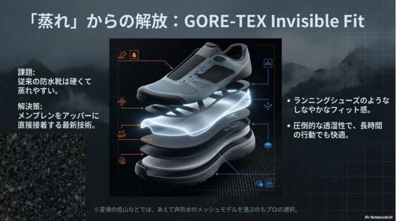シューズのレイヤー構造を示した図。アッパーに直接接着する最新技術による透湿性としなやかなフィット感を説明
