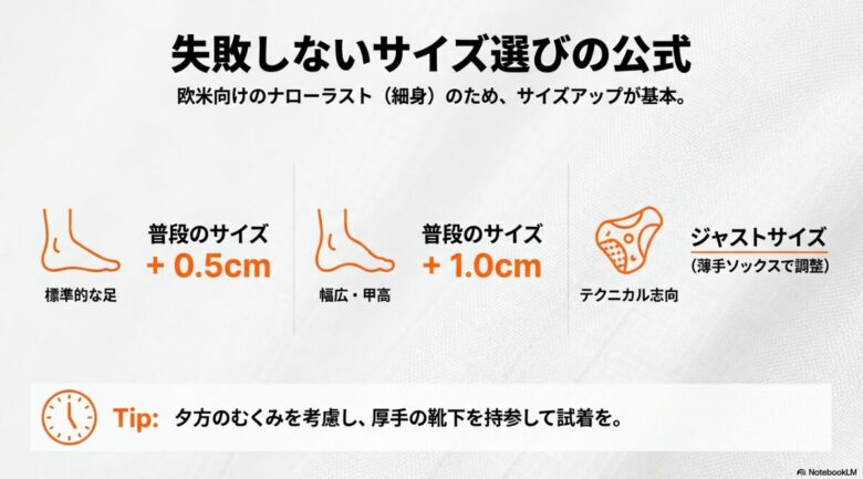 標準的な足（+0.5cm）、幅広・甲高（+1.0cm）、テクニカル志向（ジャストサイズ）という選び方の公式を示す図解。