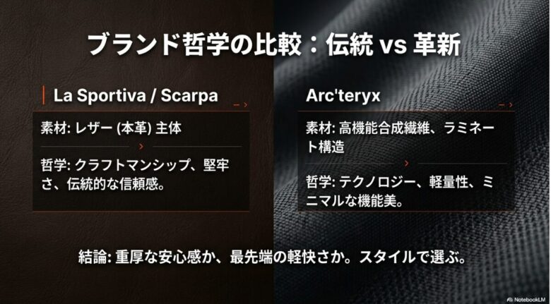 レザー主体のラ・スポルティバ/スカルパと、合成繊維・テクノロジー主体のアークテリクスの比較表。