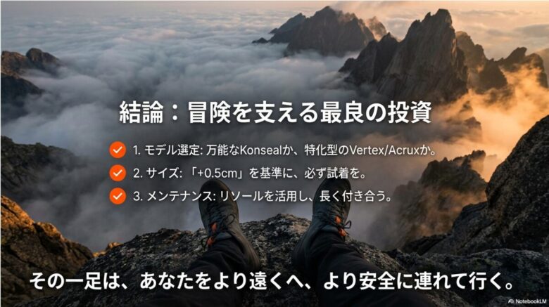 モデル選定、サイズ、メンテナンスの3つの重要ポイントをまとめた結論のスライド。