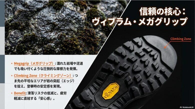 ソールのメガグリップ素材とつま先のクライミングゾーンの役割を説明する図解。濡れた岩場での摩擦力向上とエッジでの安定感を強調