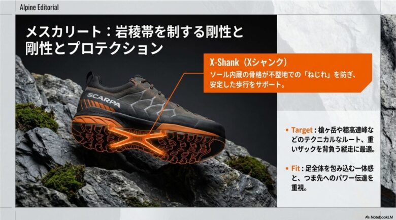 スカルパ・メスカリートのソール内部に内蔵されたX字型のシャンクが、不整地でのねじれを防ぐ仕組みを示したイラスト