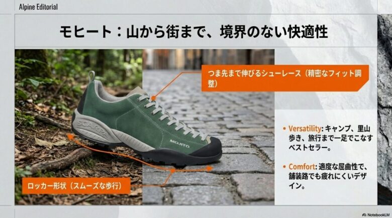スカルパの人気モデル「モヒート」の歩行を助けるロッカー形状のソールと、フィット感を微調整できるつま先までのシューレースの解説