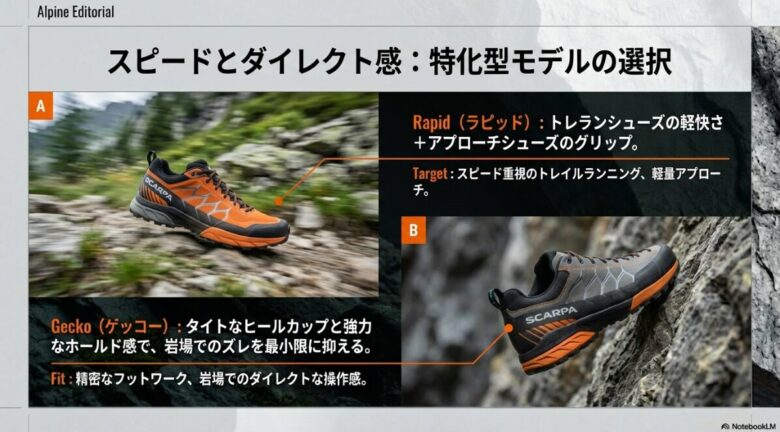 トレランシューズの軽快さを持つラピッドと、強力なホールド感で岩場に強いゲッコーのモデル比較解説