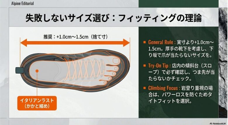 実寸より1.0cmから1.5cmの捨て寸を推奨する一般的な基準と、岩場重視のタイトフィットの選び方を説明したスライド