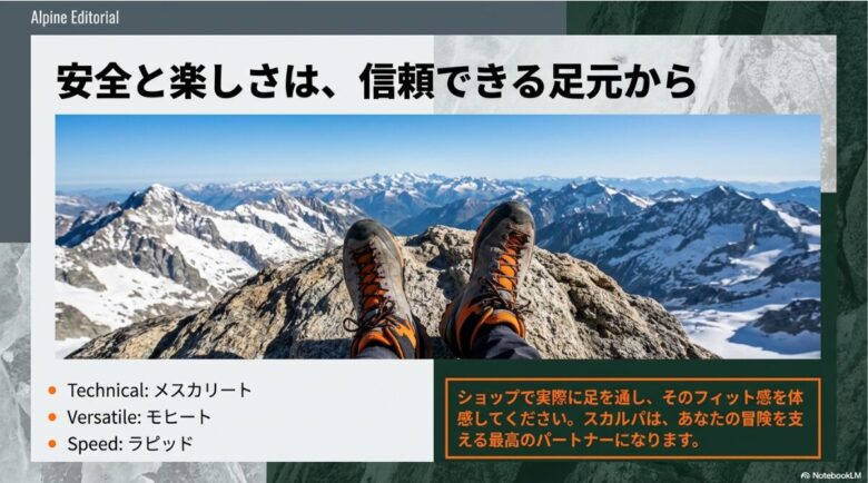 山頂でスカルパのシューズを履いて休息する様子。メスカリート、モヒート、ラピッドの各推奨用途を再確認するまとめのイメージ