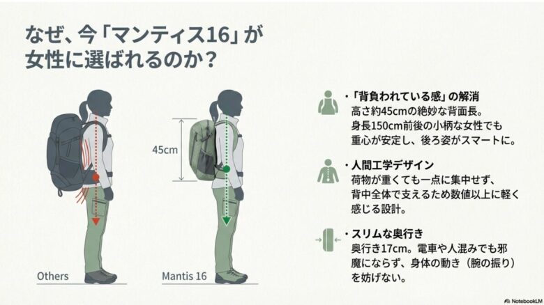 マンティス16の背面長45cm、人間工学デザイン、奥行き17cmのスリムな設計に関する解説図。