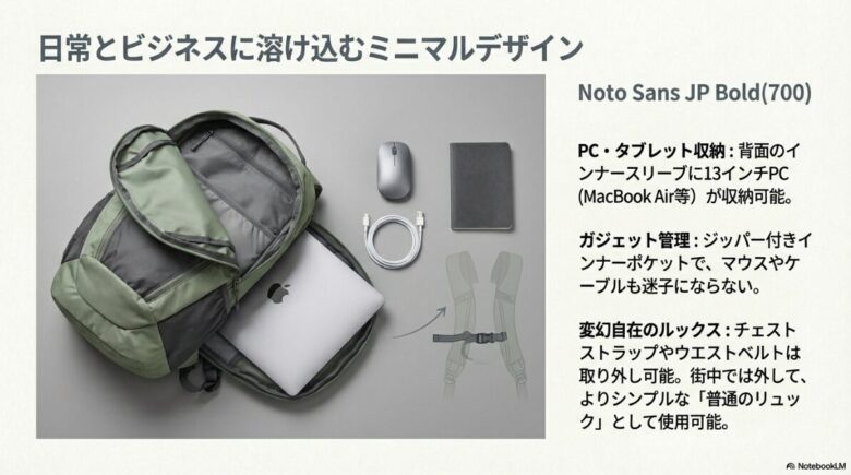 背面スリーブへの13インチPC収納と、ガジェット管理用インナーポケットのイメージ。