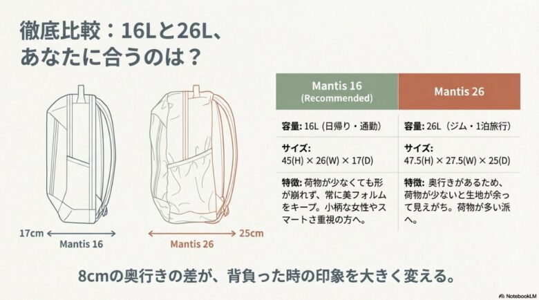 マンティス16と26の奥行きの差（8cm）を比較したイラスト。  