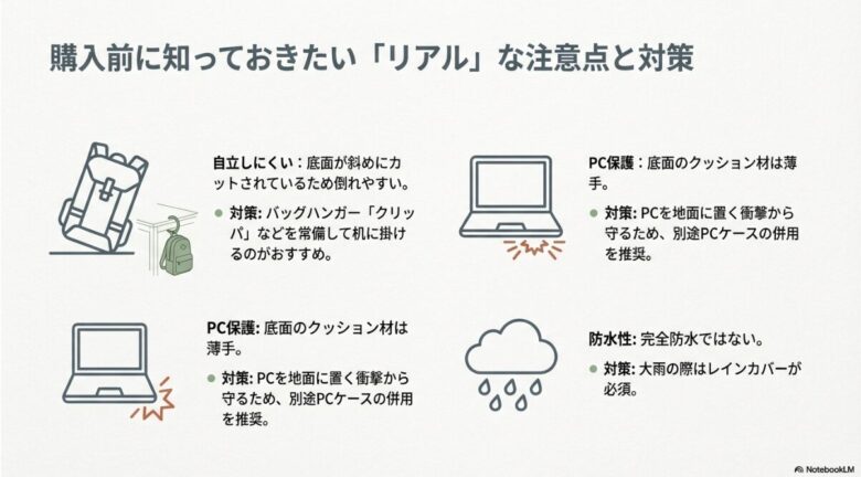 自立しにくい構造への「クリッパ」使用、PC保護ケースの併用、レインカバーの必要性に関する解説。