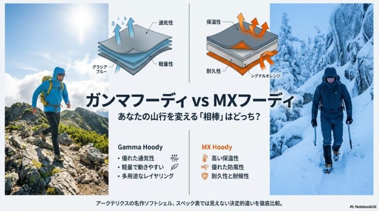 通気性と軽量性に優れたガンマフーディと、保温性と耐久性に優れたMXフーディの機能を対比させた図解