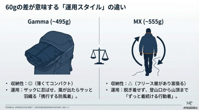 コンパクトに携行できるガンマフーディと、ずっと着続ける行動着としてのMXフーディの運用イメージ