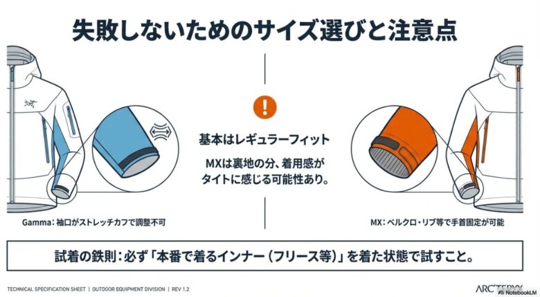ガンマのストレッチカフとMXのベルクロ調整仕様の比較、およびインナー着用時のサイズ確認に関する注意点