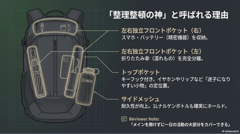 左右独立フロントポケット、トップポケット、サイドメッシュの配置解説