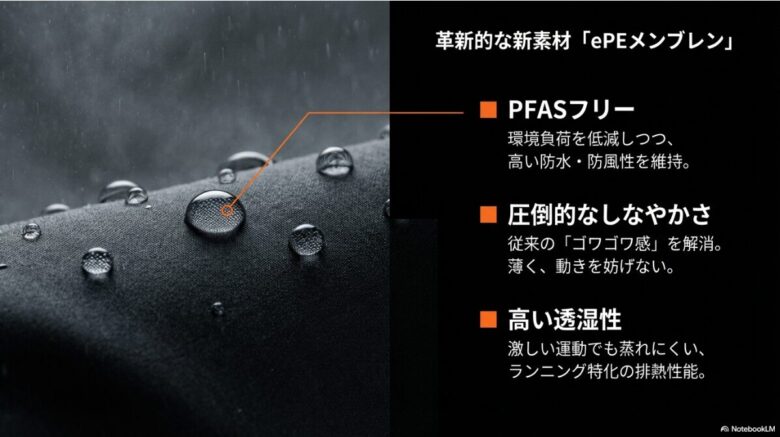 GORE-TEXの新素材ePEメンブレンの解説。PFASフリーによる環境負荷低減、防水・防風性の維持、しなやかさと高い透湿性についてのまとめ。
