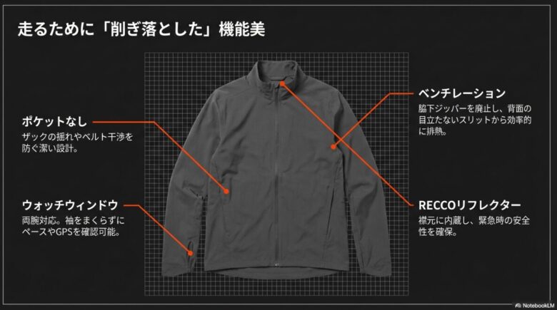 トレラン特化のディテール解説。ポケットなしの設計、背面ベンチレーション、両腕対応ウォッチウィンドウ、RECCOリフレクターの紹介。