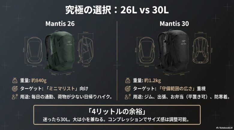 26Lと30Lのターゲット層、重量、用途の違いを比較した図