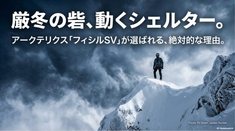 「厳冬の砦、動くシェルター」というキャッチコピーとともに、アークテリクスのフィシルSVダウンジャケットを紹介するスライド画像